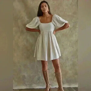 By Together Woven Linen Square Neck Dress in Cream Size Small